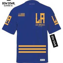 Bow Down Clothing LOS ANGELES JERSEY - GOLD ON ROYAL BLUE T-SHIRT BORN & RAISED COLLECTION