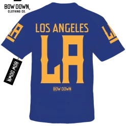 Bow Down Clothing LOS ANGELES JERSEY - GOLD ON ROYAL BLUE T-SHIRT BORN & RAISED COLLECTION