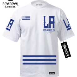 Bow Down Clothing LOS ANGELES JERSEY - BLUE ON WHITE T-SHIRT BORN & RAISED COLLECTION